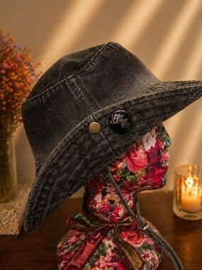Washed Black Denim Bucket Hat with Pin